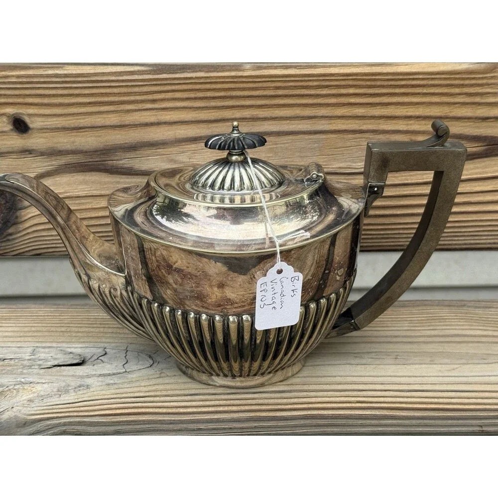 Vintage Birks EPNS Silverplate Art Deco Fluted Teapot Black Handle Canada Tea Po